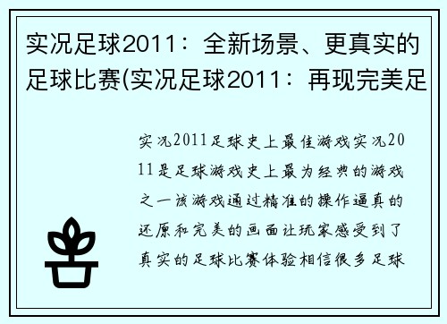 实况足球2011：全新场景、更真实的足球比赛(实况足球2011：再现完美足球体验)